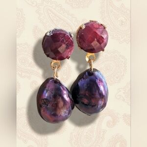 6 Total Carats Natural Ruby & Wine Baroque Pearl Earrings in Yellow Gold Plated